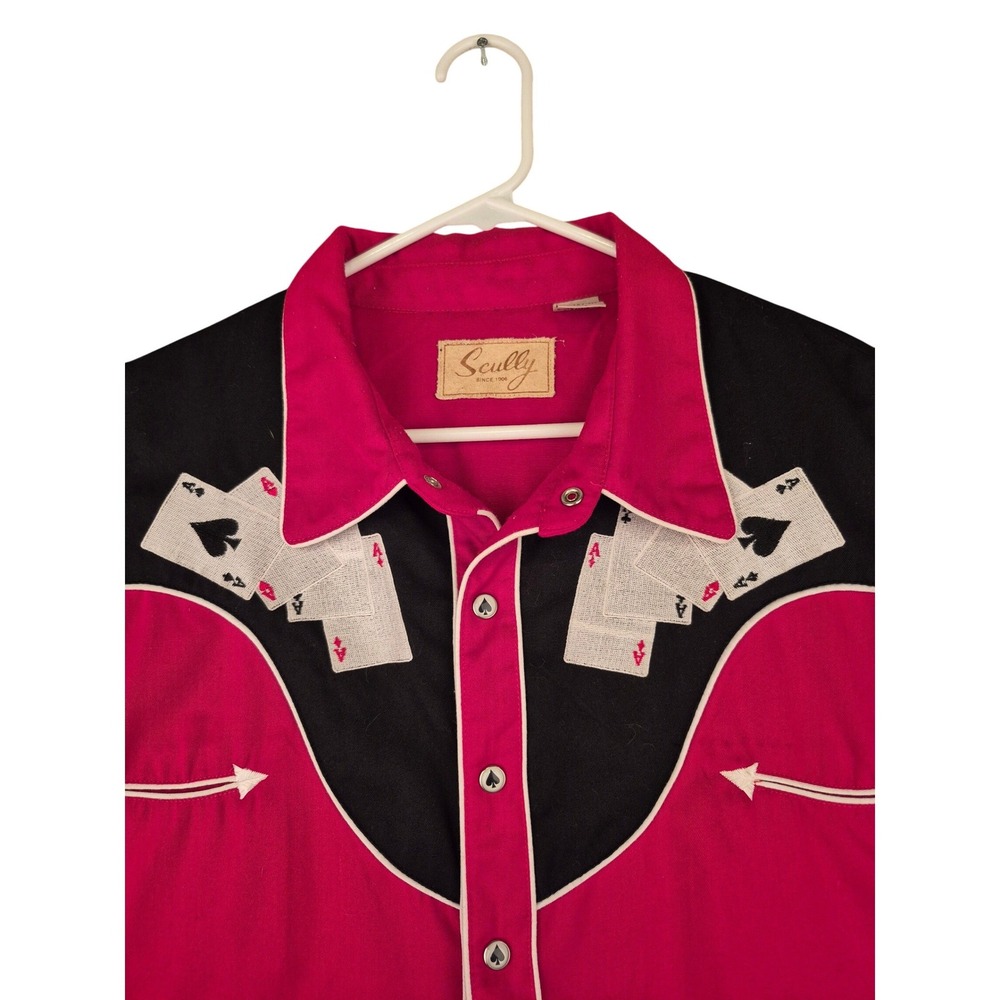 Scully Mens Red‎ Black Western Snap Shirt Aces Playing Cards Embroidery XXL